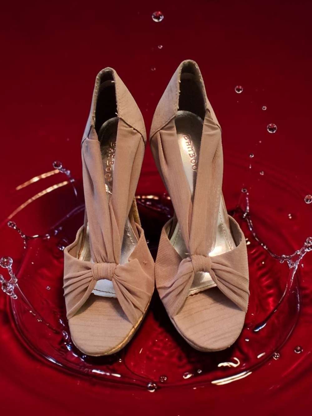Bamboo Cork Platform Stiletto Heels Nude Color and a Knotted Peep-toe Design 7.5